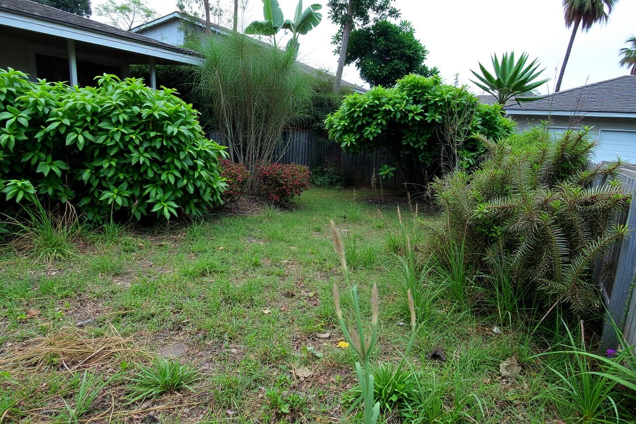 Overgrown yard before landscaping