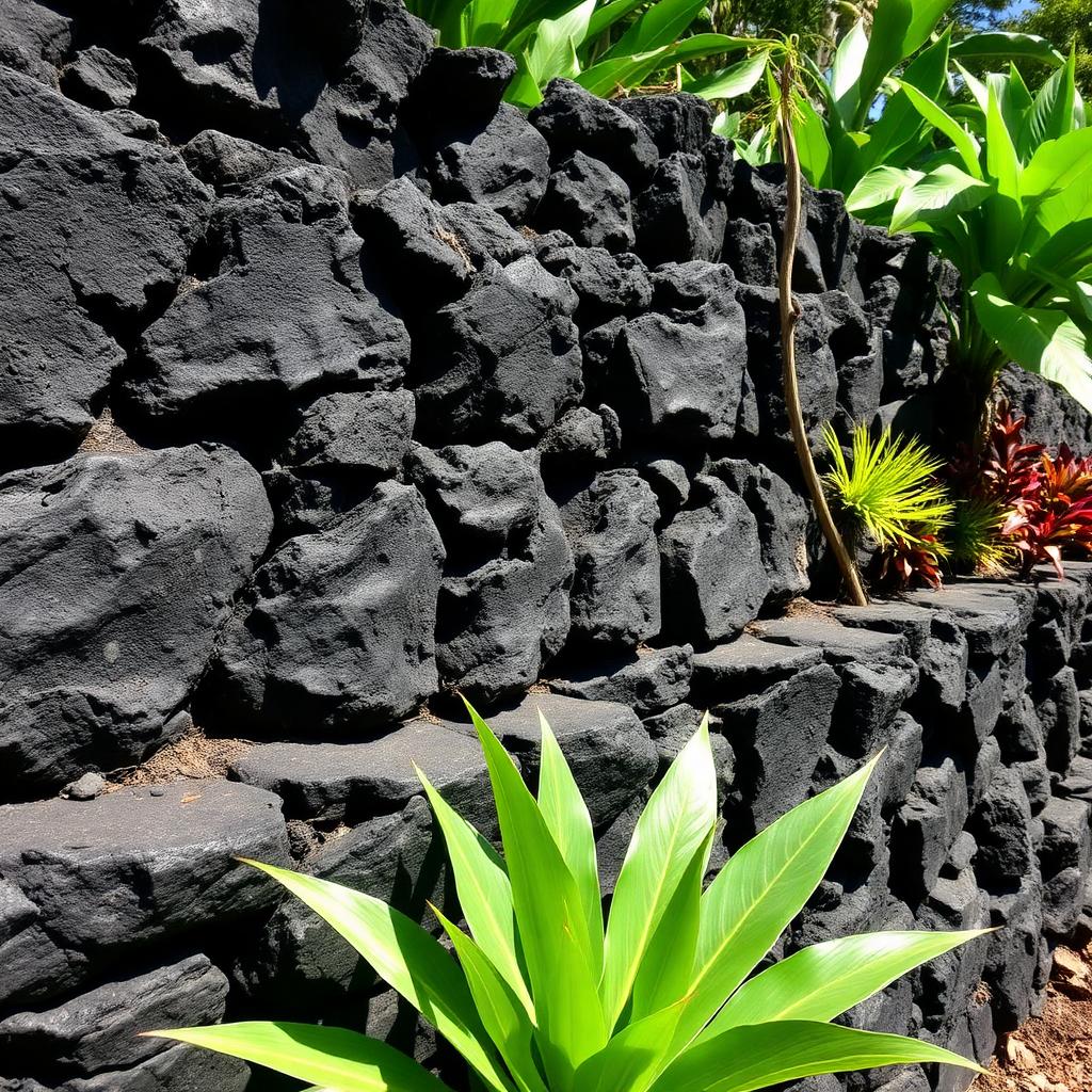 Black lava rock retaining wall with tropical plants