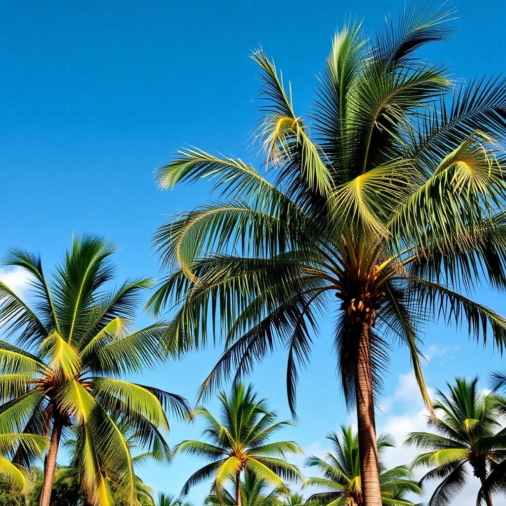 Coconut palms trimmed against blue Hawaiian sky