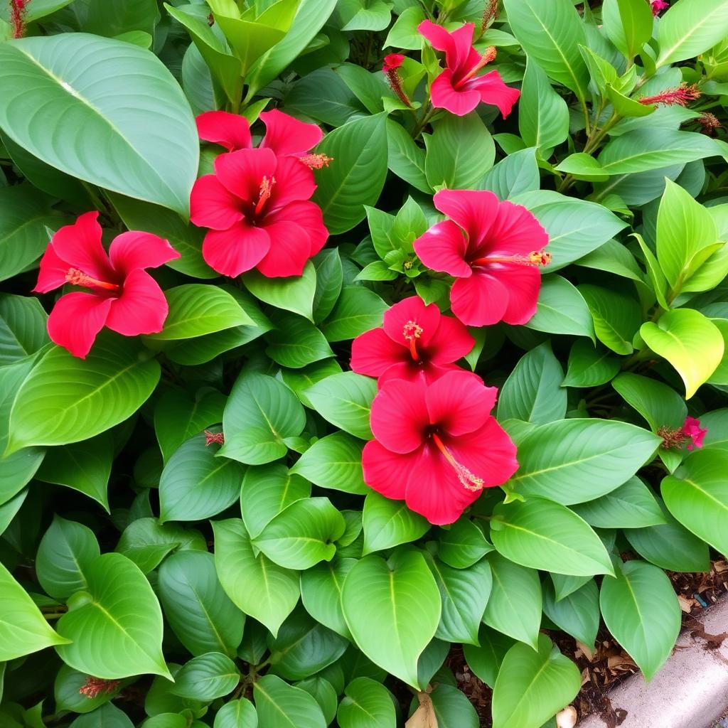 Red hibiscus flowers in a lush tropical garden bed